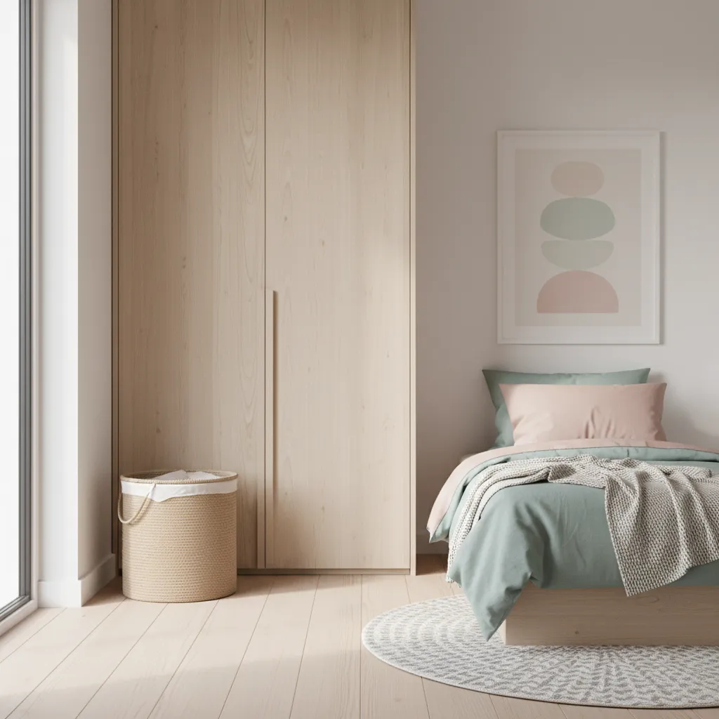 Kids bedroom with organized laundry basket next to bed and closet