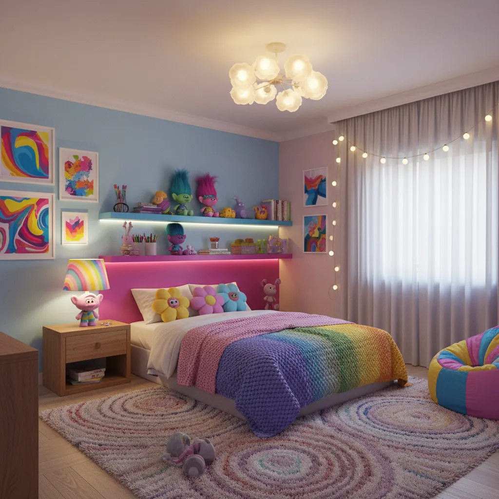 Colorful kids bedroom with layered lighting including ceiling light bedside lamp and LED strips