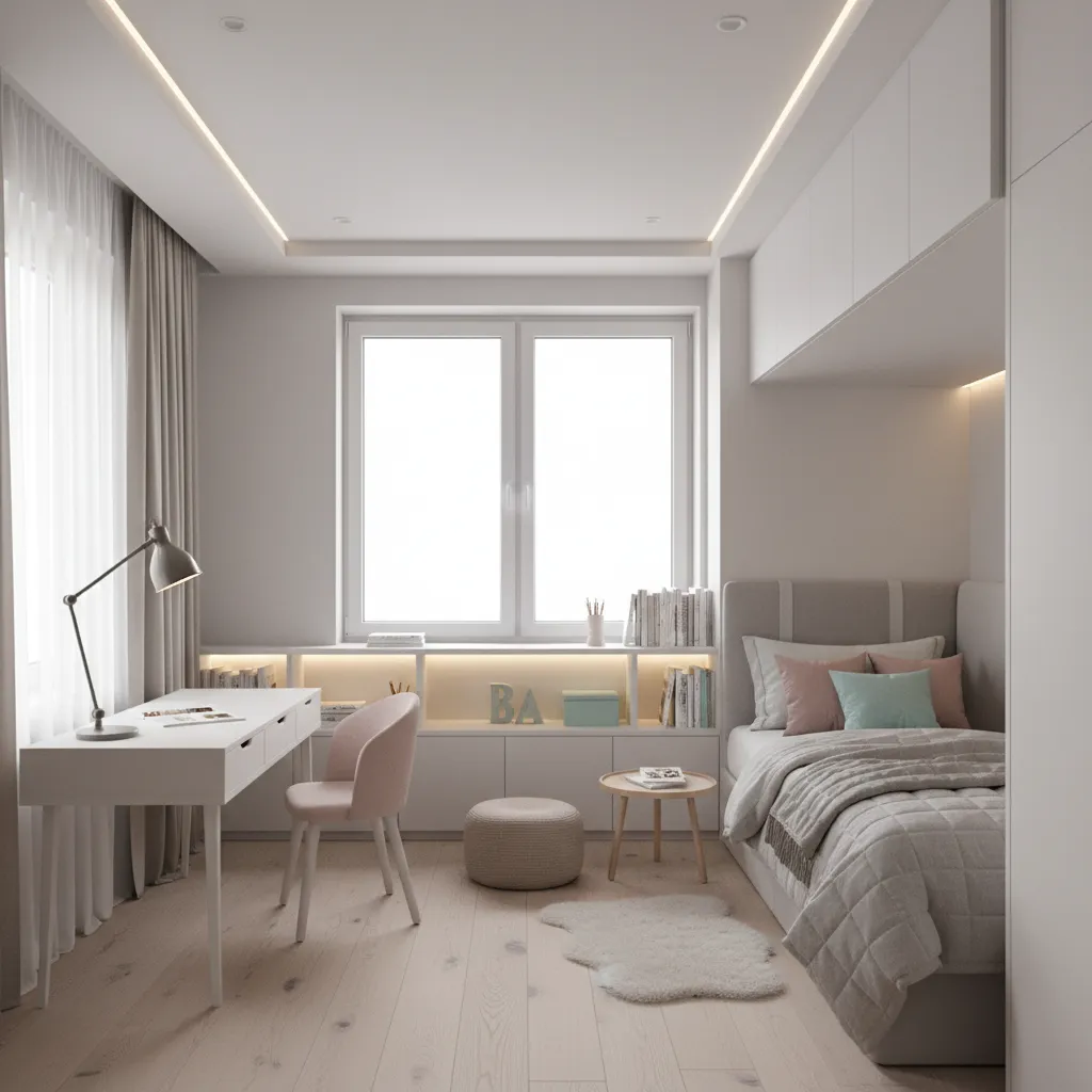Kids bedroom showing multiple lighting layers including ceiling light desk lamp and accent lighting
