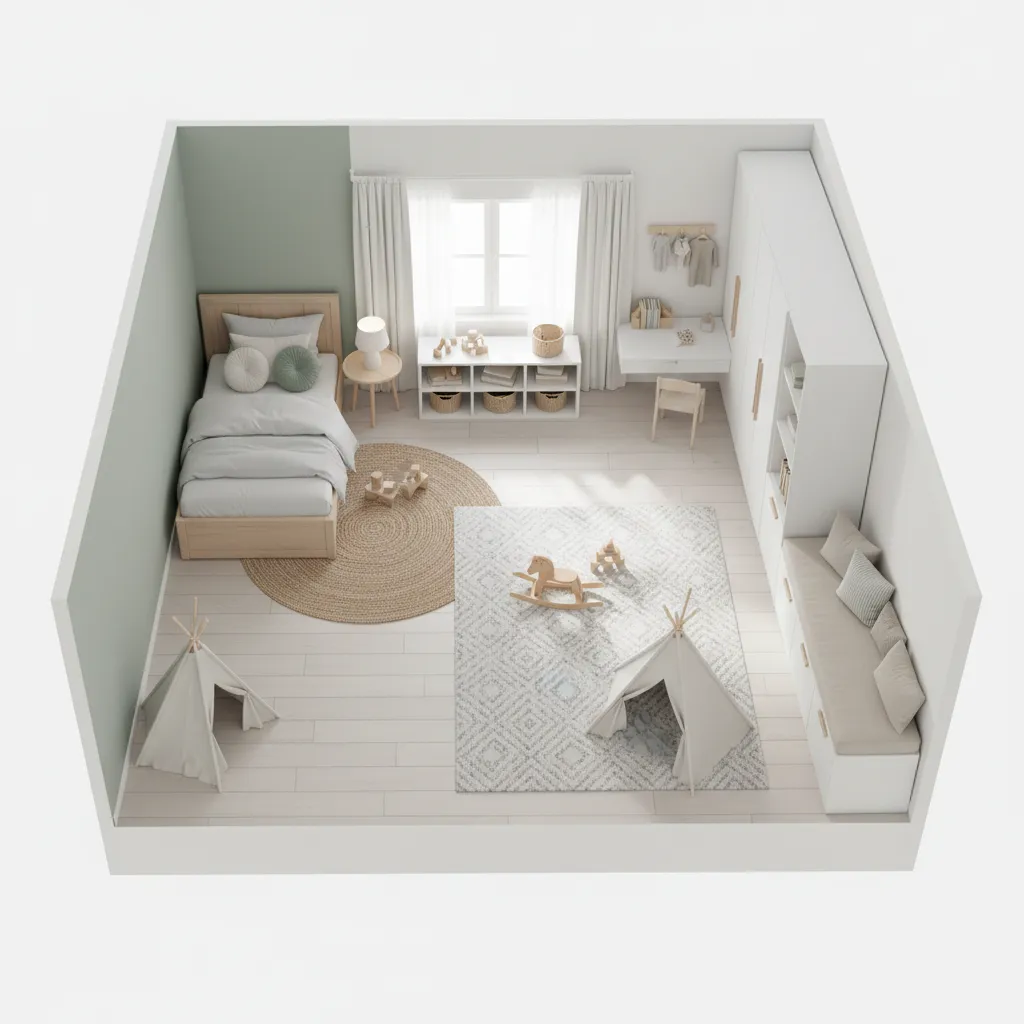 Kids bedroom layout showing bed play area and storage zones