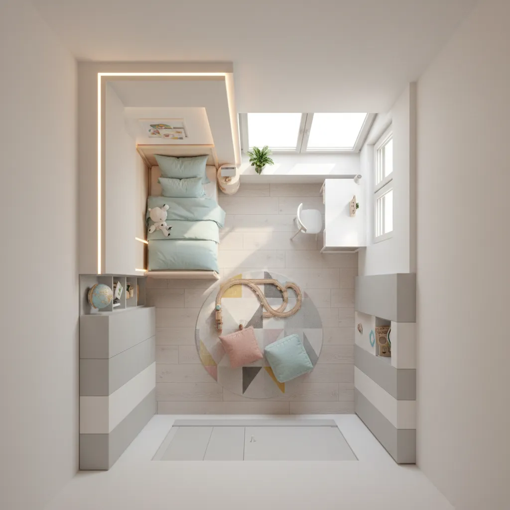 Kids bedroom layout showing bed study and play zones with POP ceiling lighting