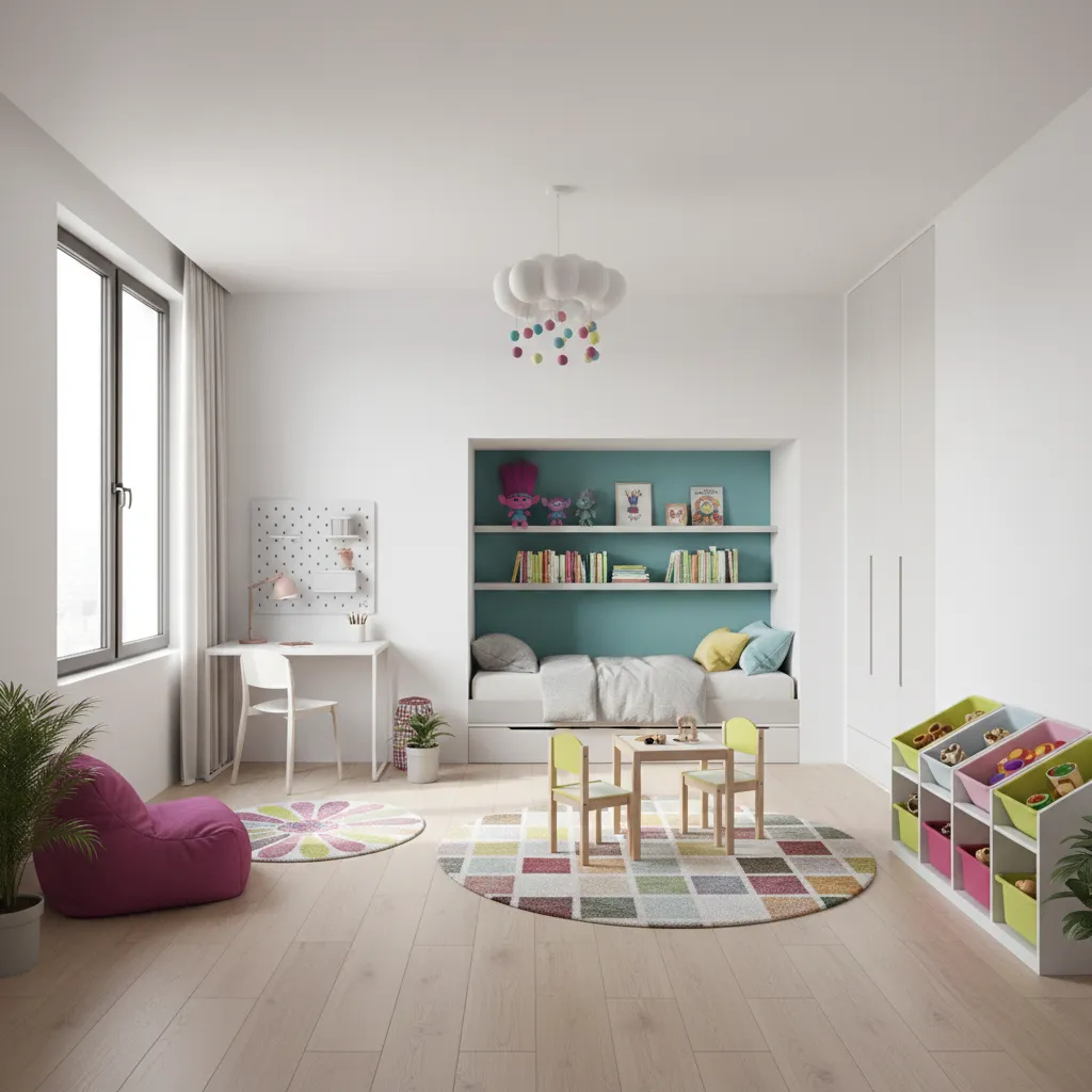 Kids bedroom layout with Trolls themed color accents and play zone