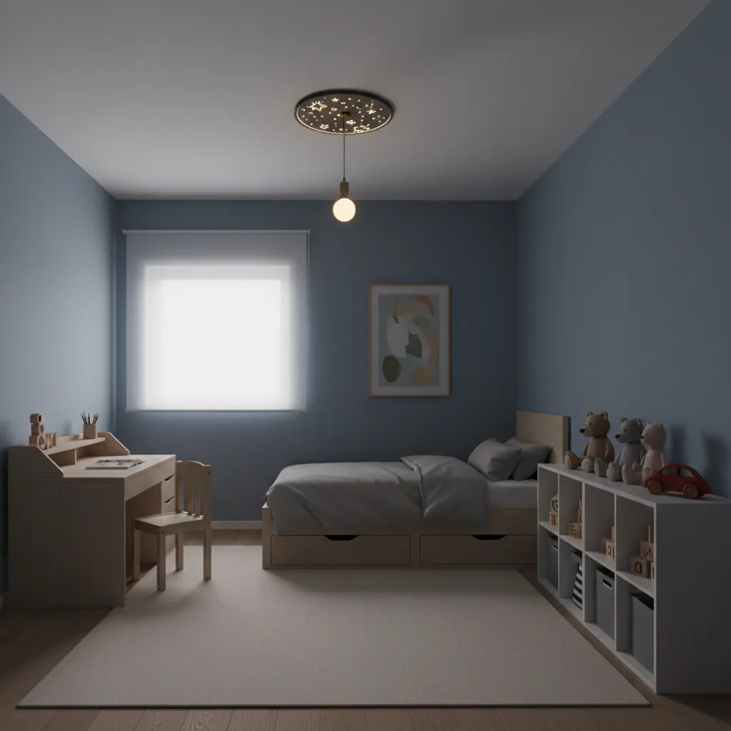 children bedroom with uneven lighting showing dark corners and overly bright ceiling light