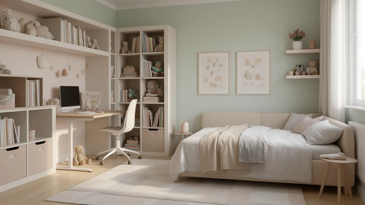 Girls bedroom with modular storage cubes adjustable desk and twin bed layout