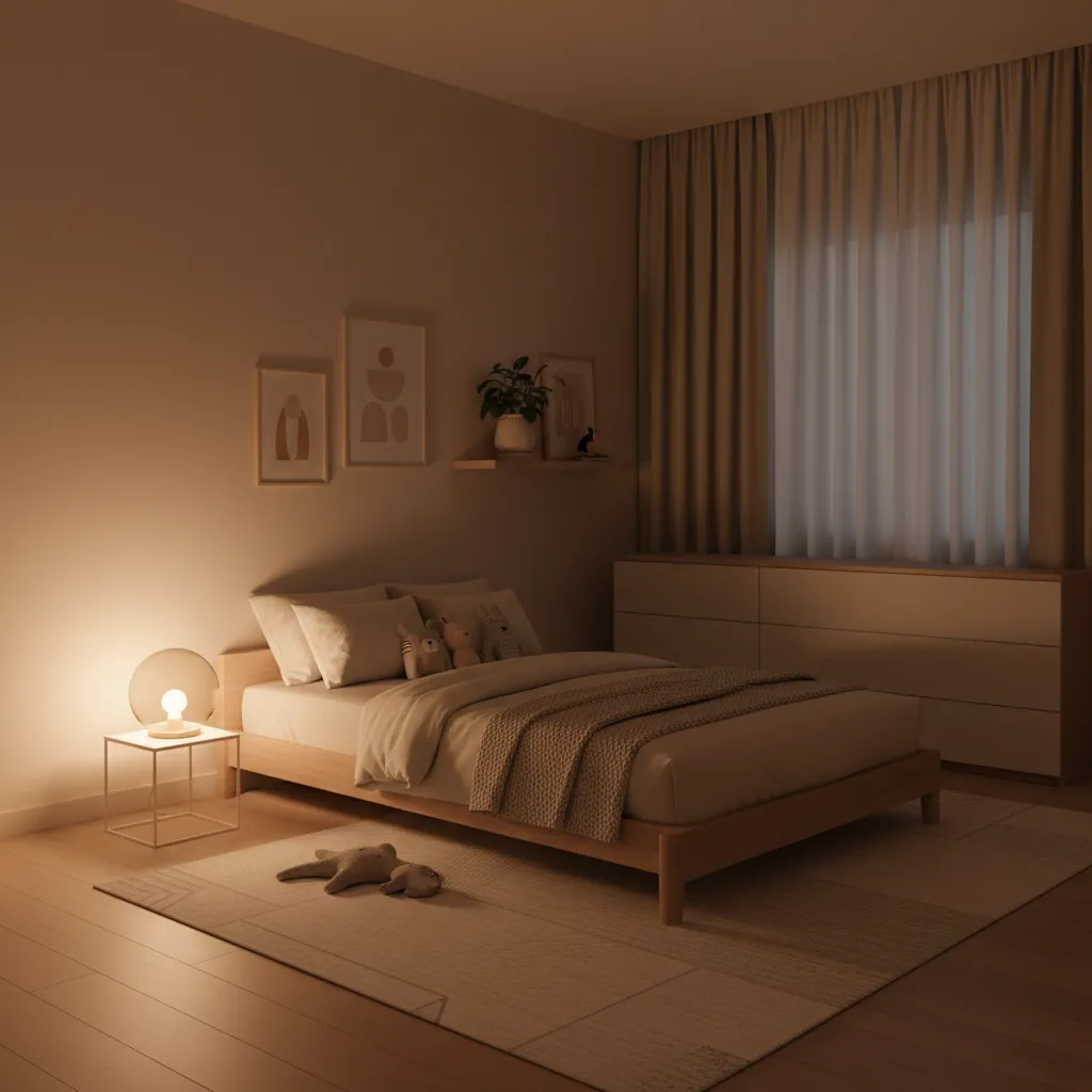 Soft warm night light in a children's bedroom creating a calm bedtime atmosphere