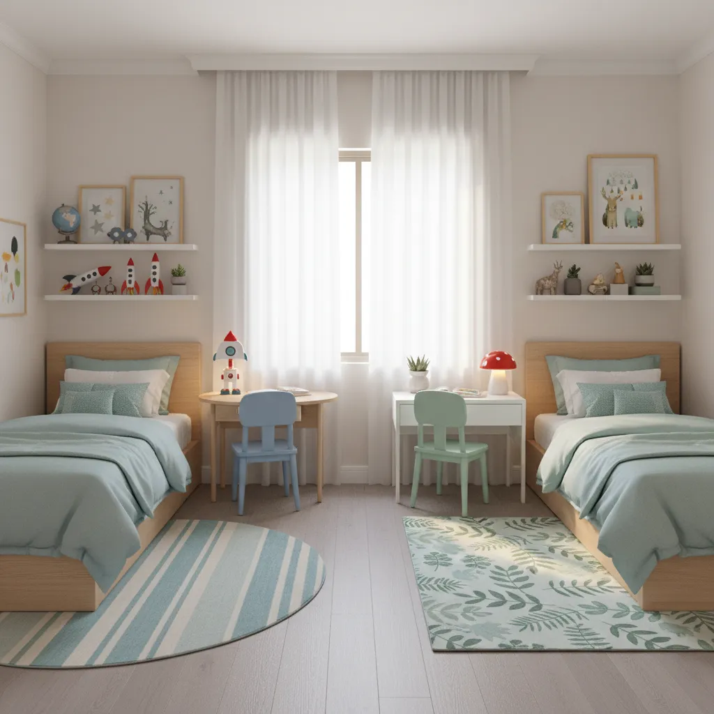 Shared kids bedroom with distinct personal zones for each child