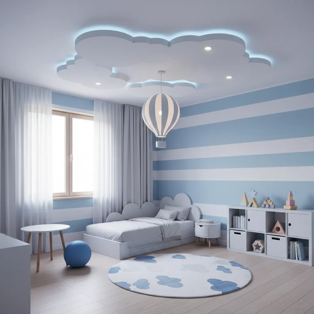 Kids bedroom with cloud shaped POP ceiling and soft LED lighting
