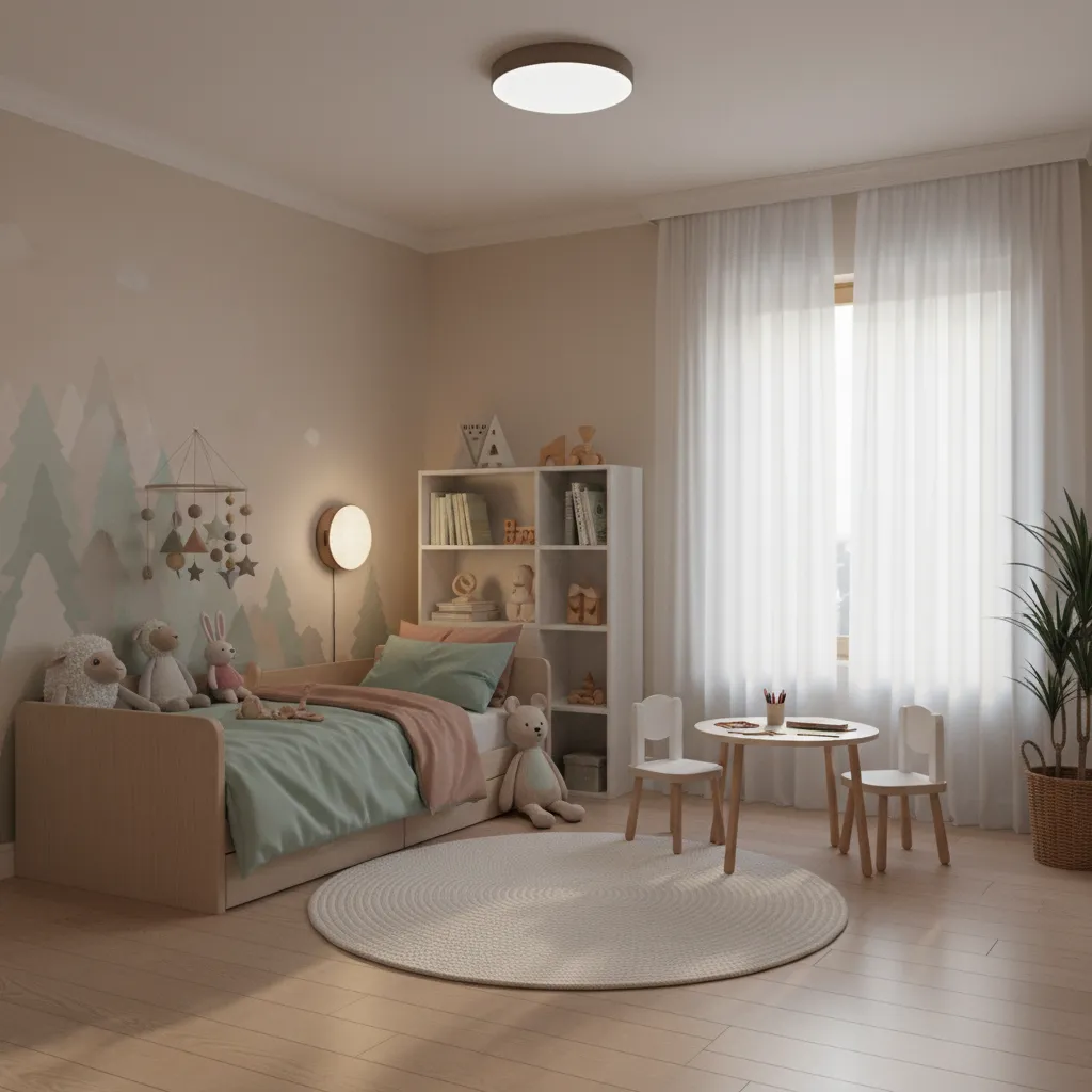 kids bedroom with soft LED lighting and safe wall mounted lamps