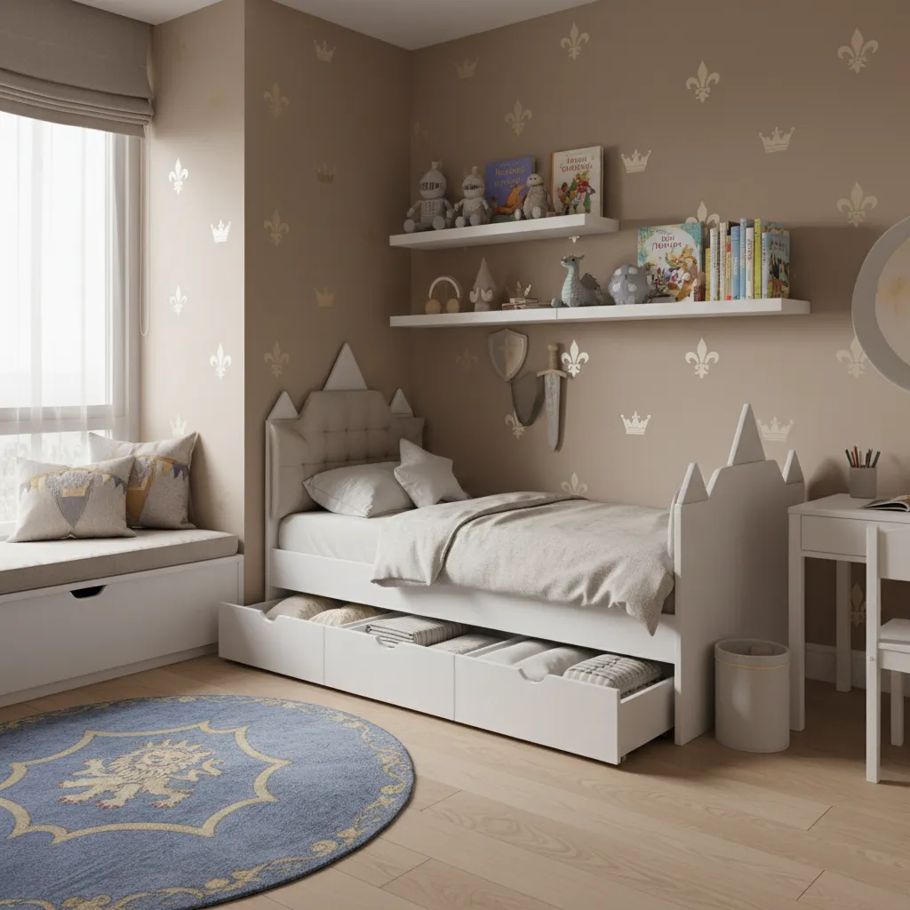 small kids bedroom storage with under bed drawers and wall shelves
