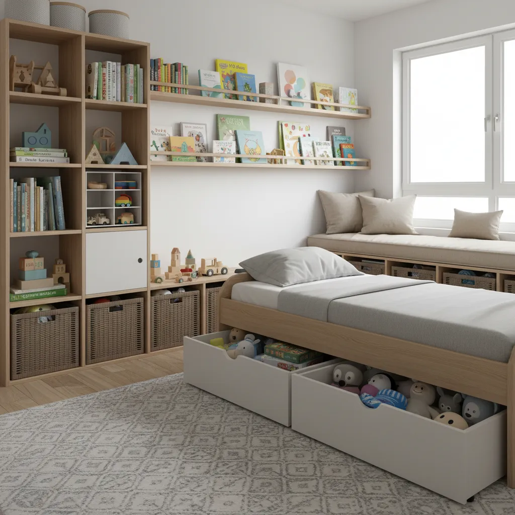 kids bedroom storage solutions including under bed drawers and shelving