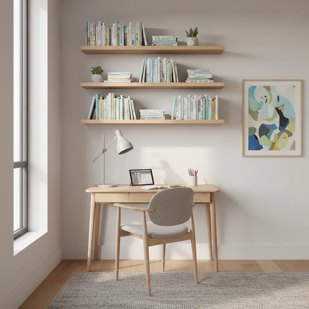 kids bedroom study corner with desk shelves and lamp