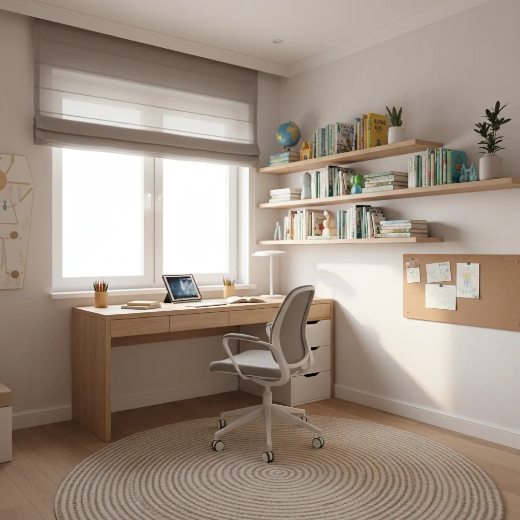 kids bedroom study area with desk and shelving