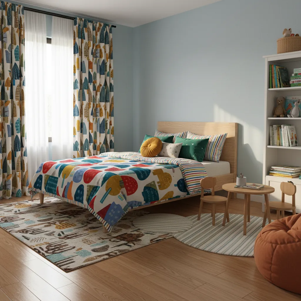 Kids bedroom with colorful bedding, rug, and curtains
