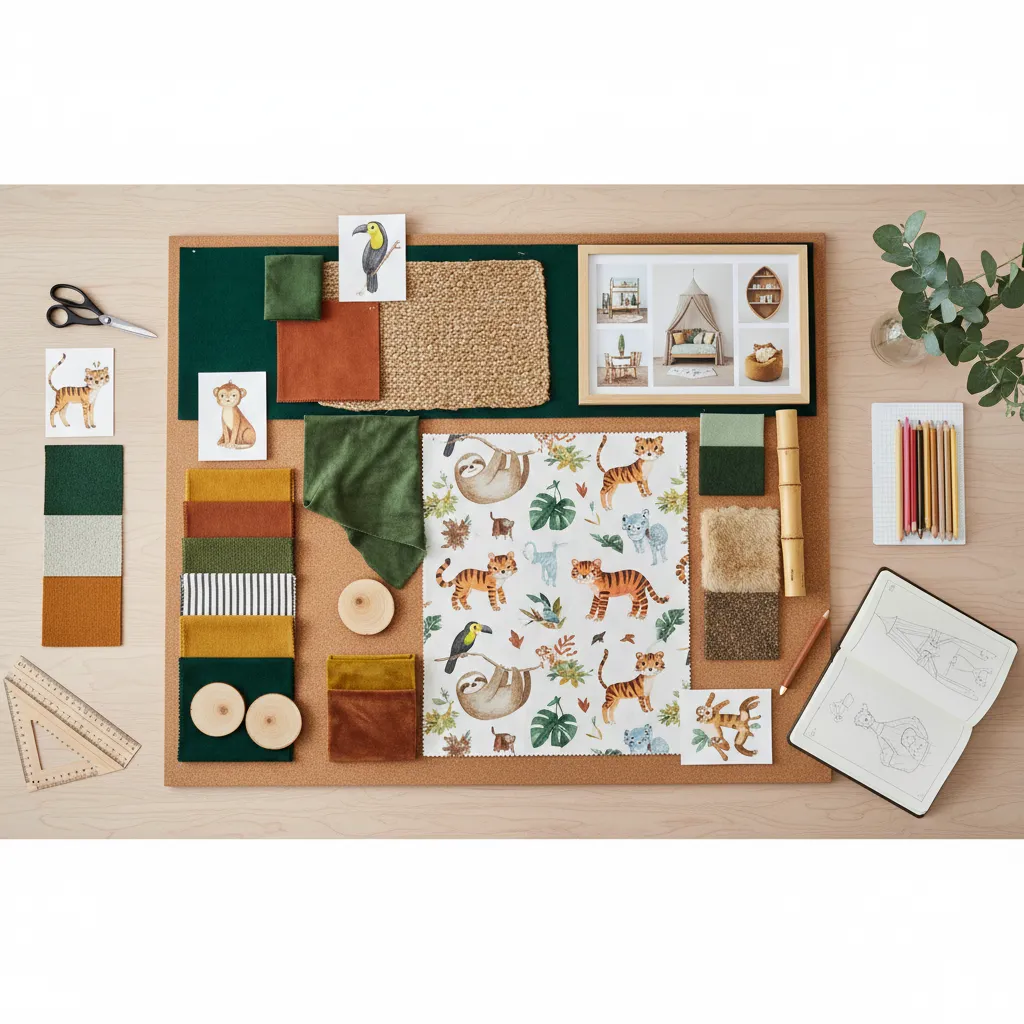 Design concept board for animal themed kids bedroom