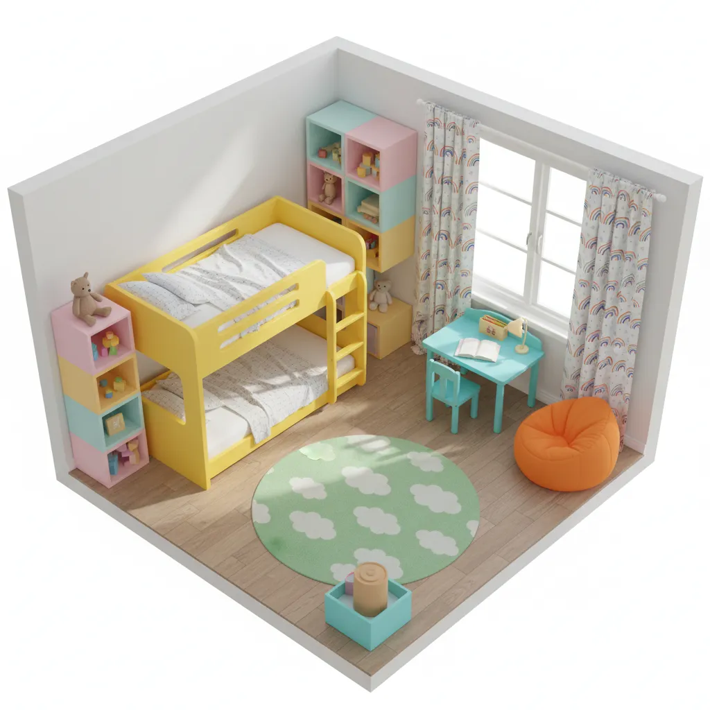 3D kids bedroom layout planning with colorful themed furniture
