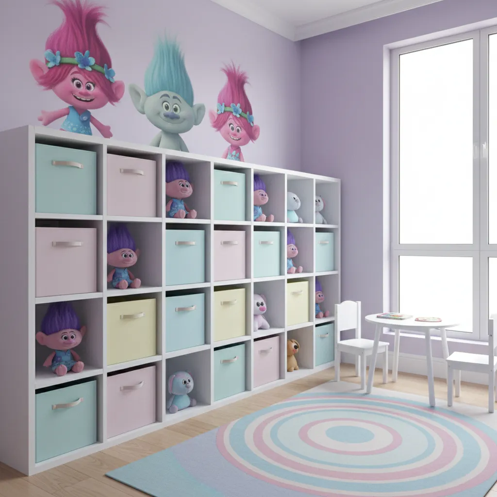 Kids bedroom with cube storage and colorful toy bins