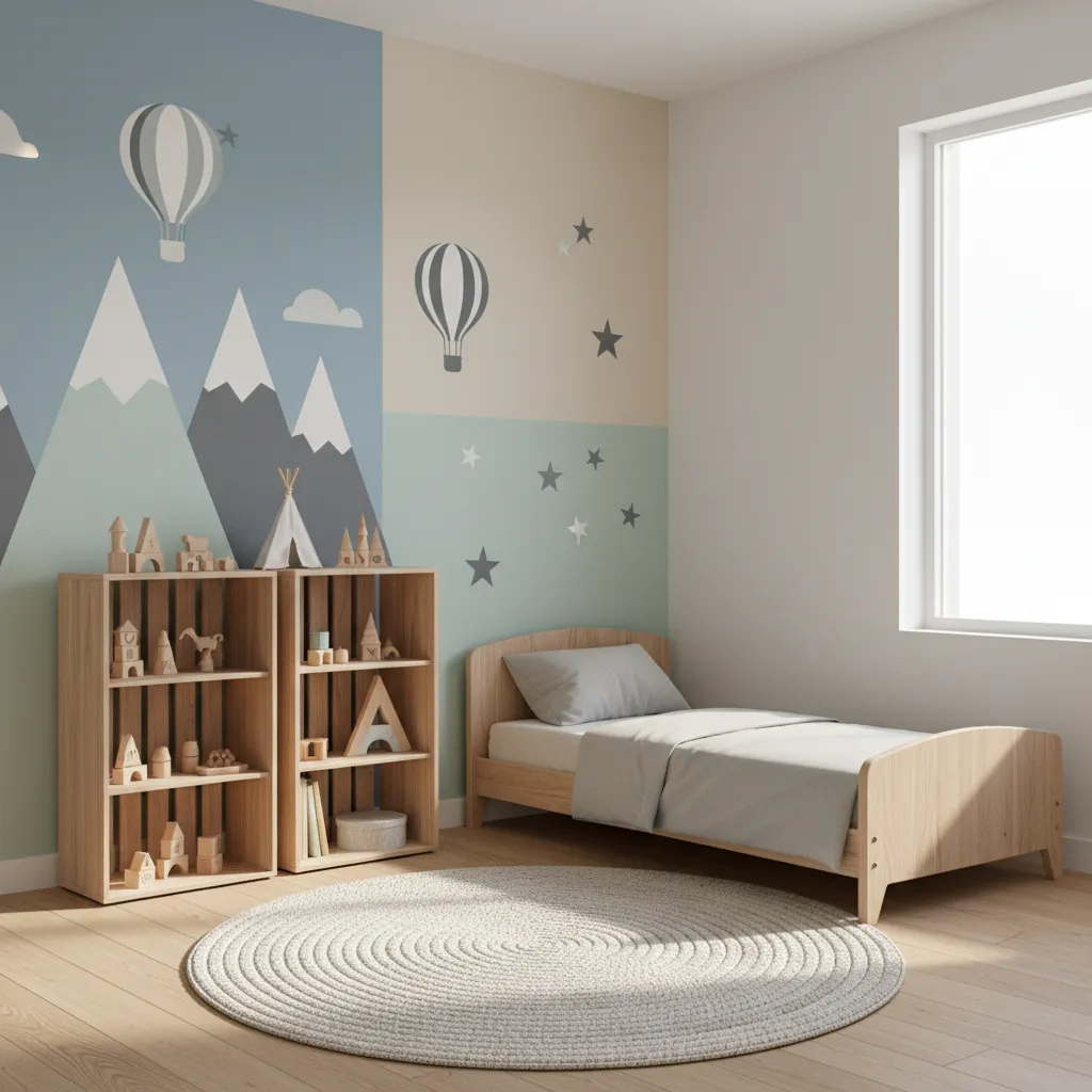 Kids bedroom with colorful painted wall and playful decals