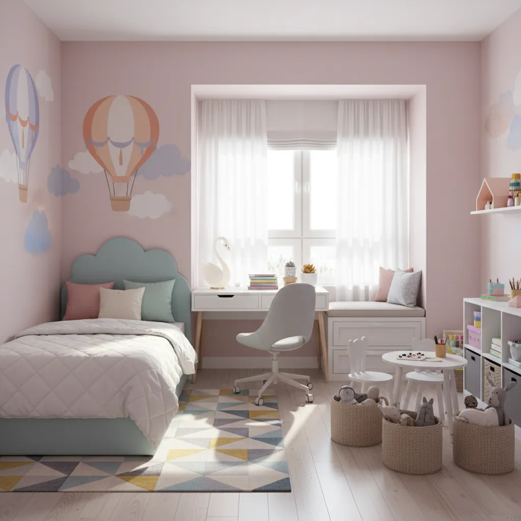 Girls bedroom layout with sleeping area study desk and creative play corner
