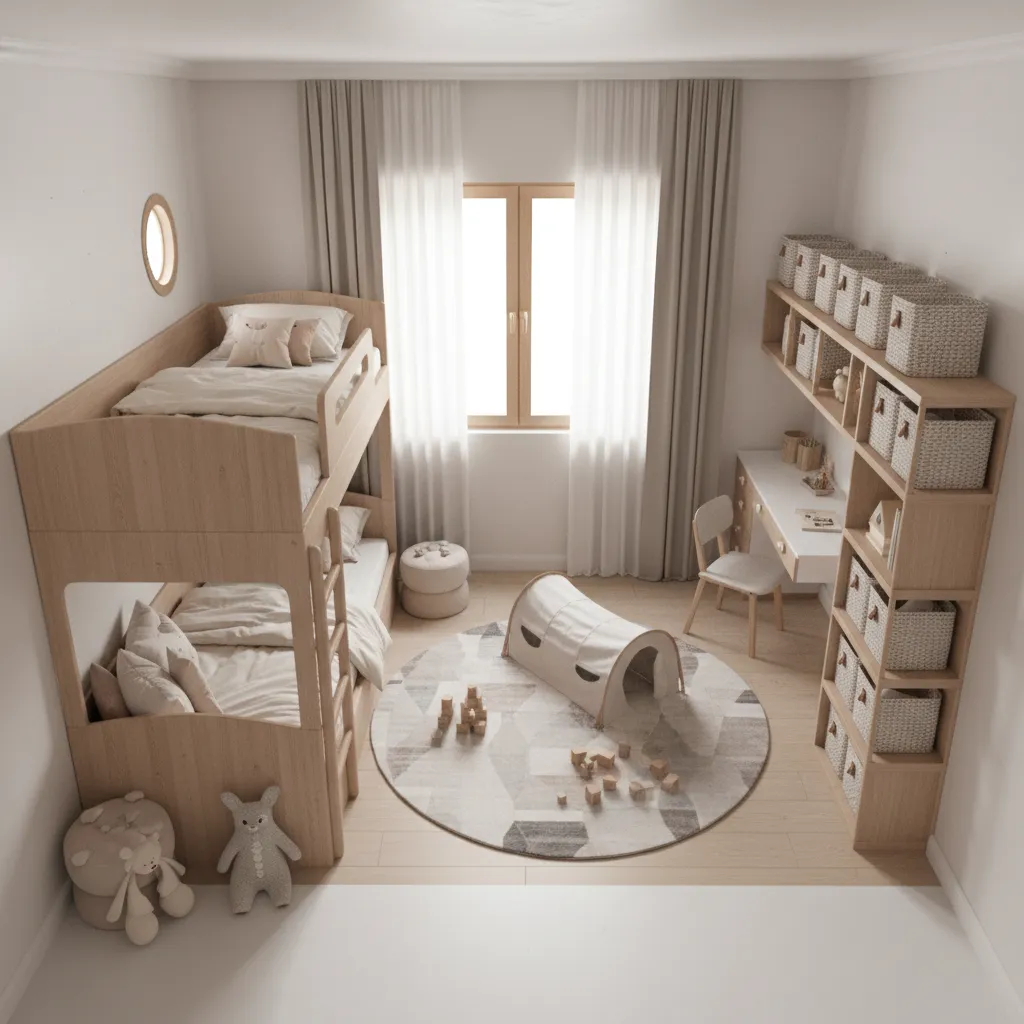 Bedroom zoning example showing sleep play and storage areas for children