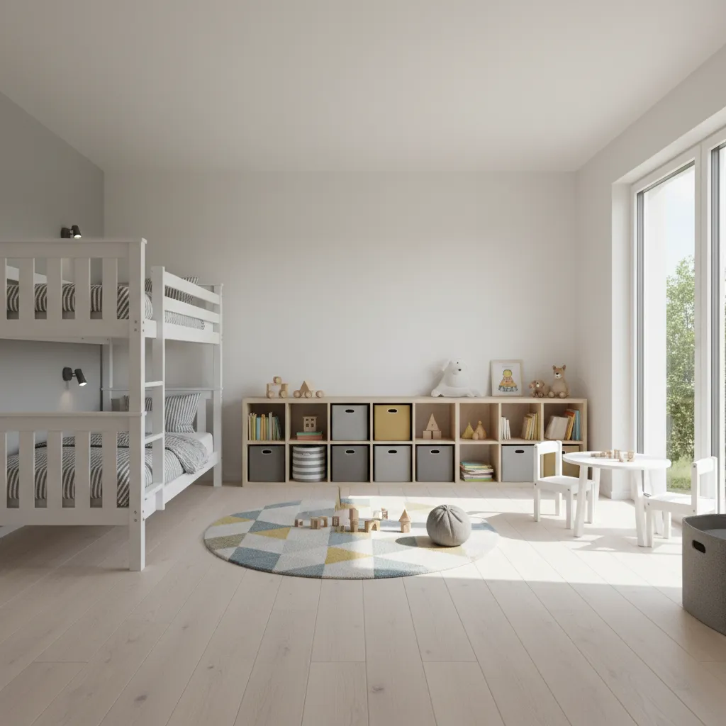 Kids bedroom layout with clear sleep play and storage zones