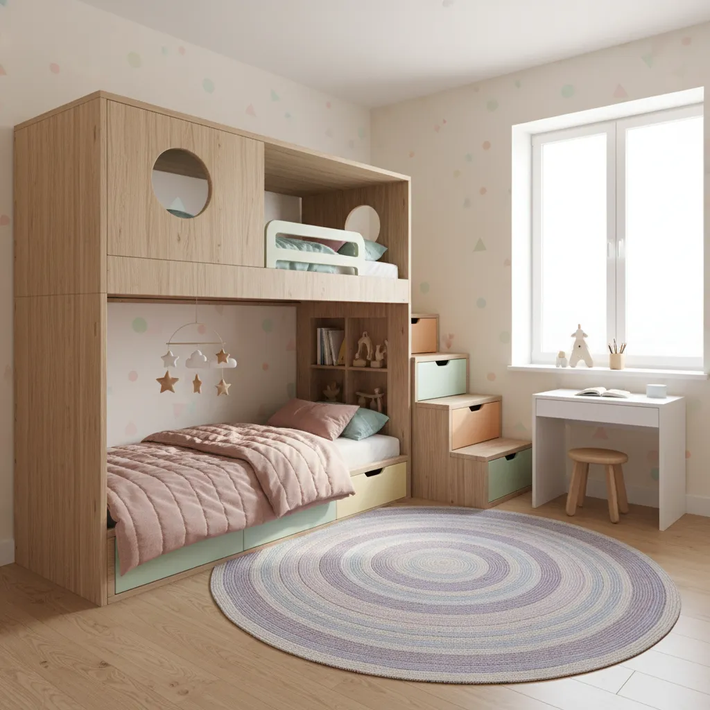 Bunk bed setup in small kids bedroom with storage stairs