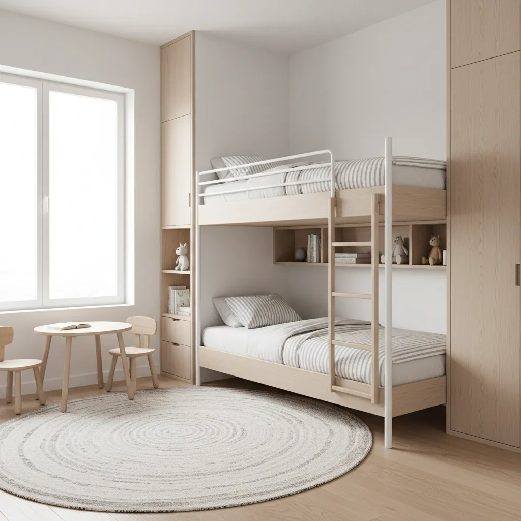 Modern bunk bed layout in small shared kids bedroom