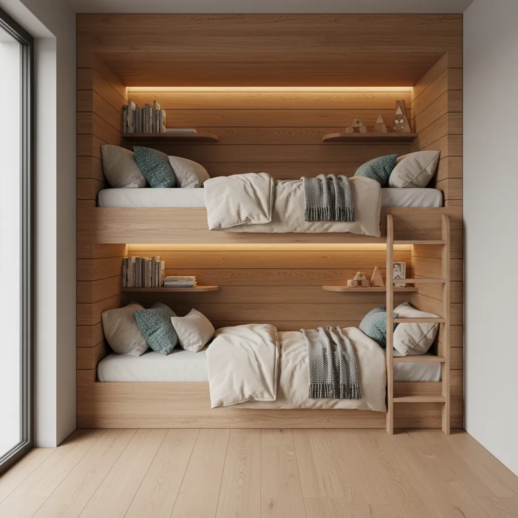 built in kids bunk beds with reading lights and shelves