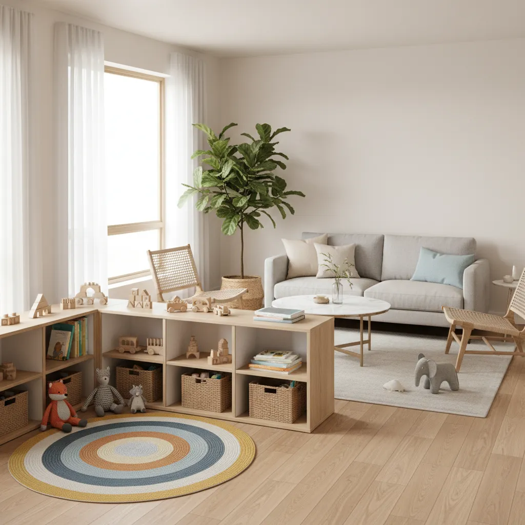 kids corner visually separated with area rug and shelves