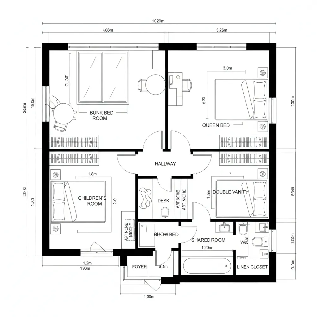 Floor plan of kids and guest wing with corridor and shared bath