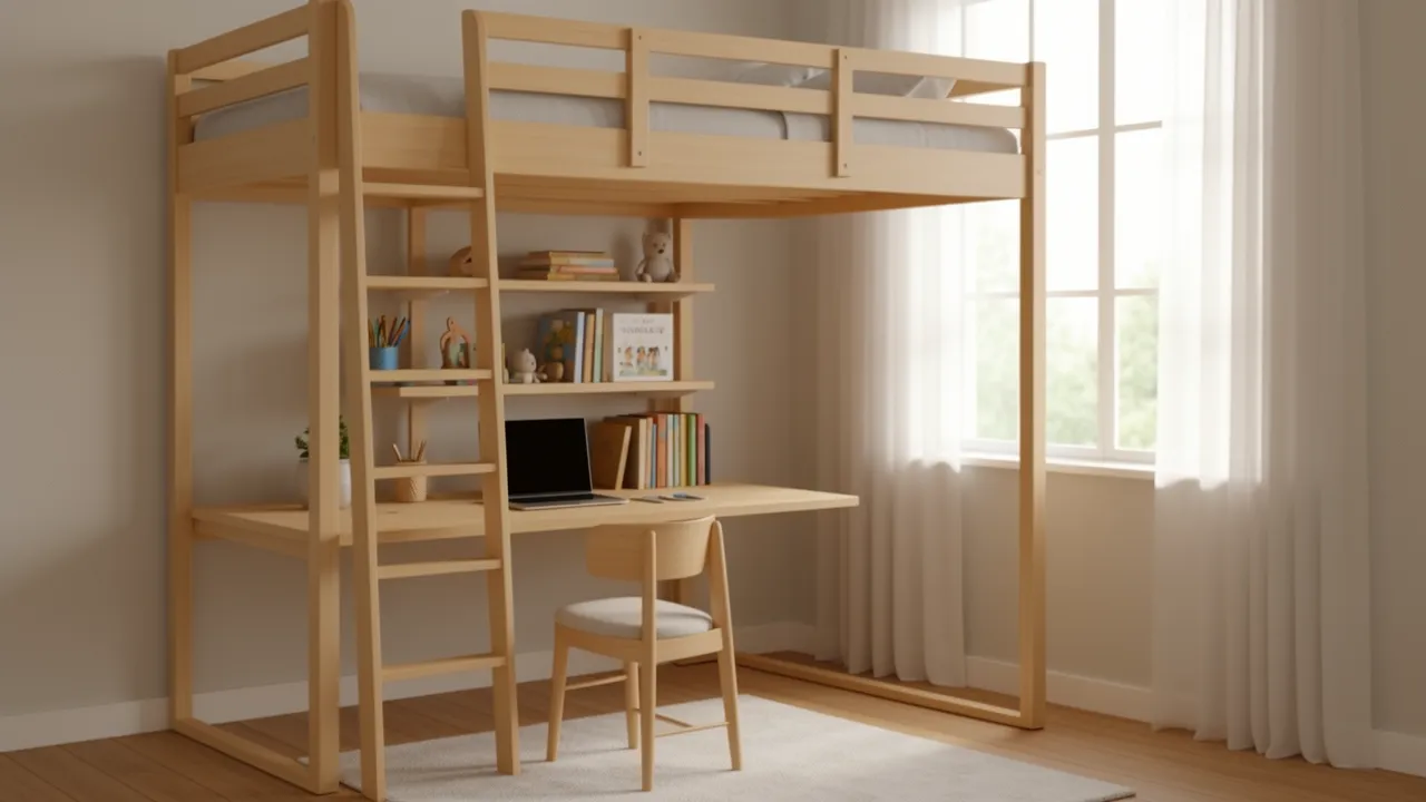 children loft bed with study area underneath in small bedroom