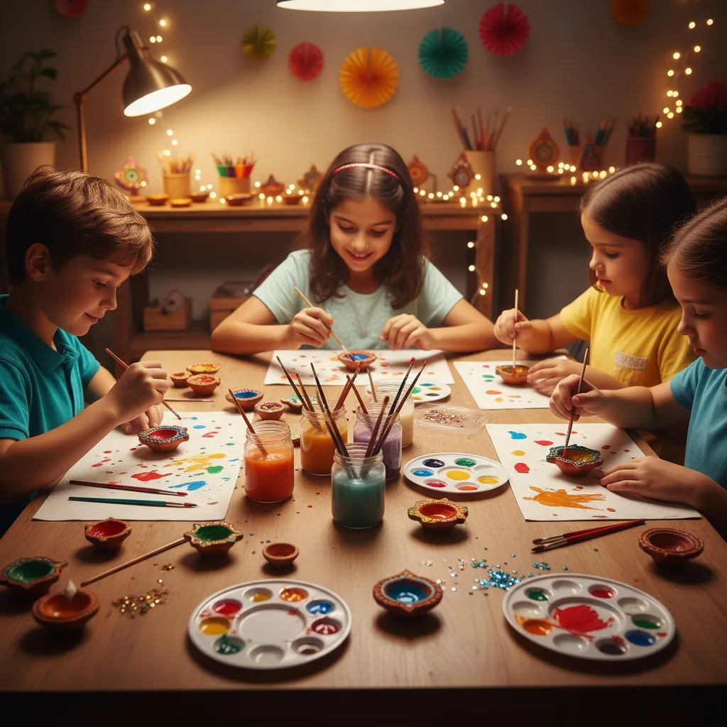 Kids painting clay diyas with bright colors at a craft table