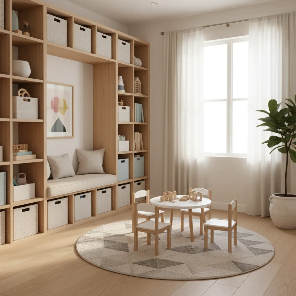 kids play area with cube storage bench and small activity table