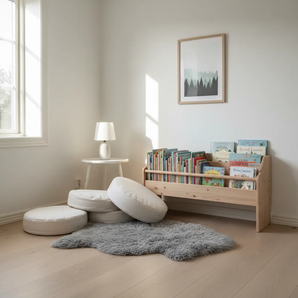 Rincón de lectura infantil con estanterías bajas