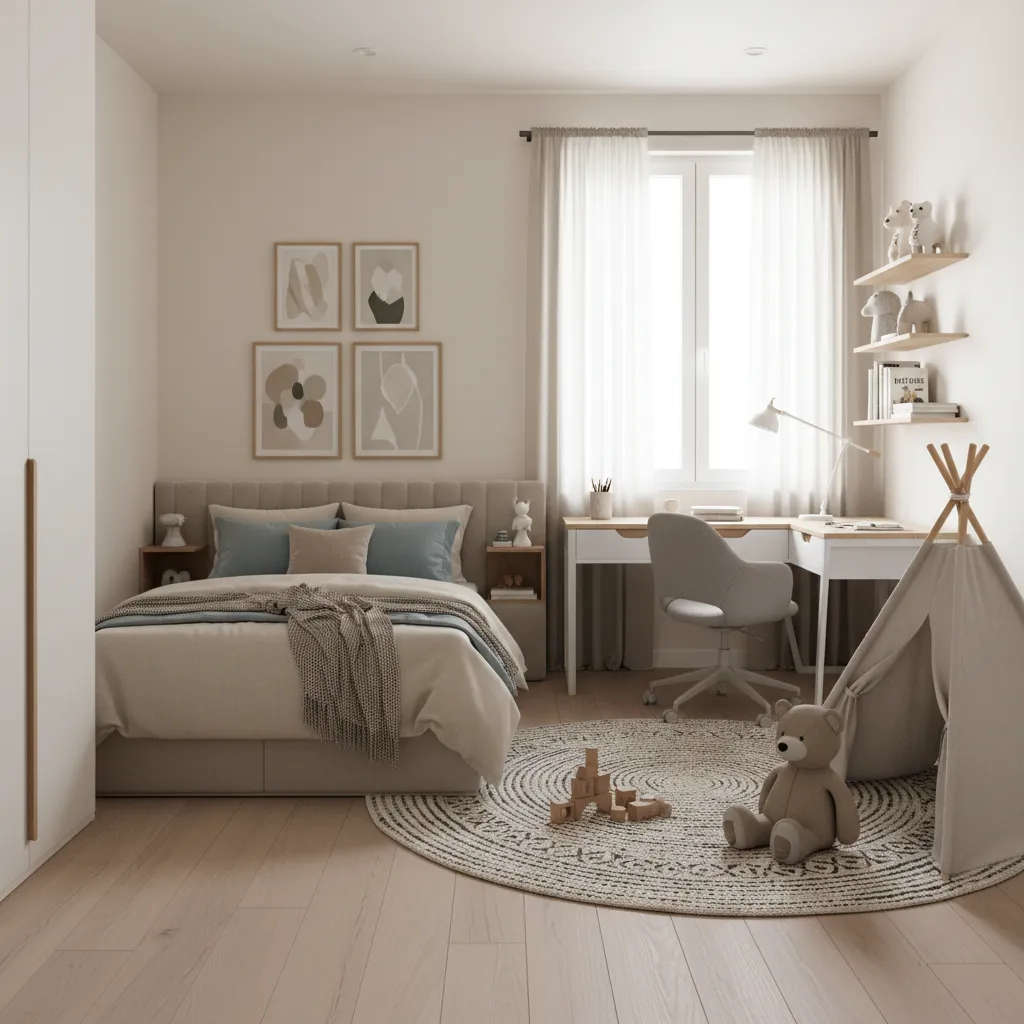 Kids bedroom divided into sleep study and play zones