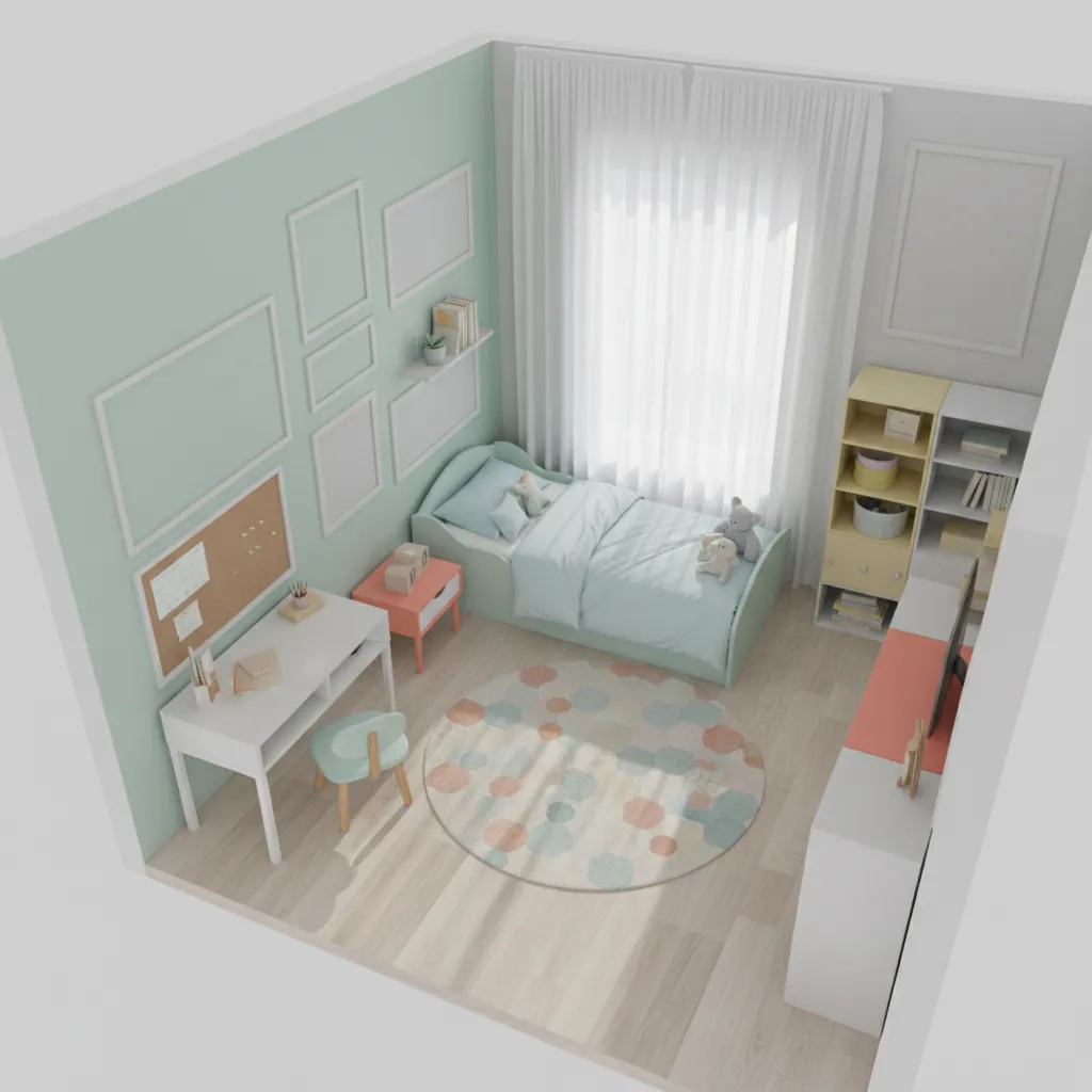3D layout visualization of kids room with planned decor placement