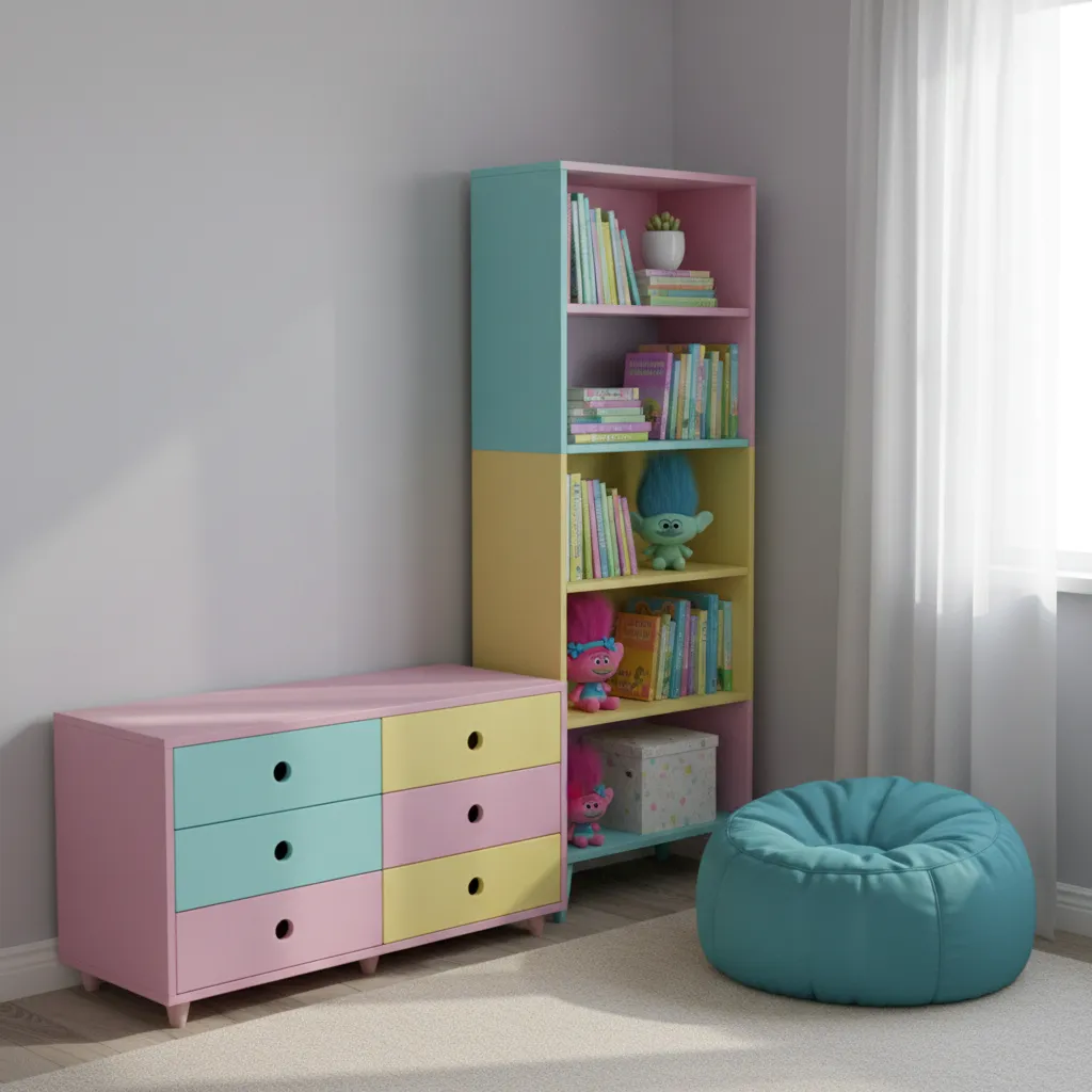 Repurposed kids bedroom furniture painted in bright colorful trolls inspired colors