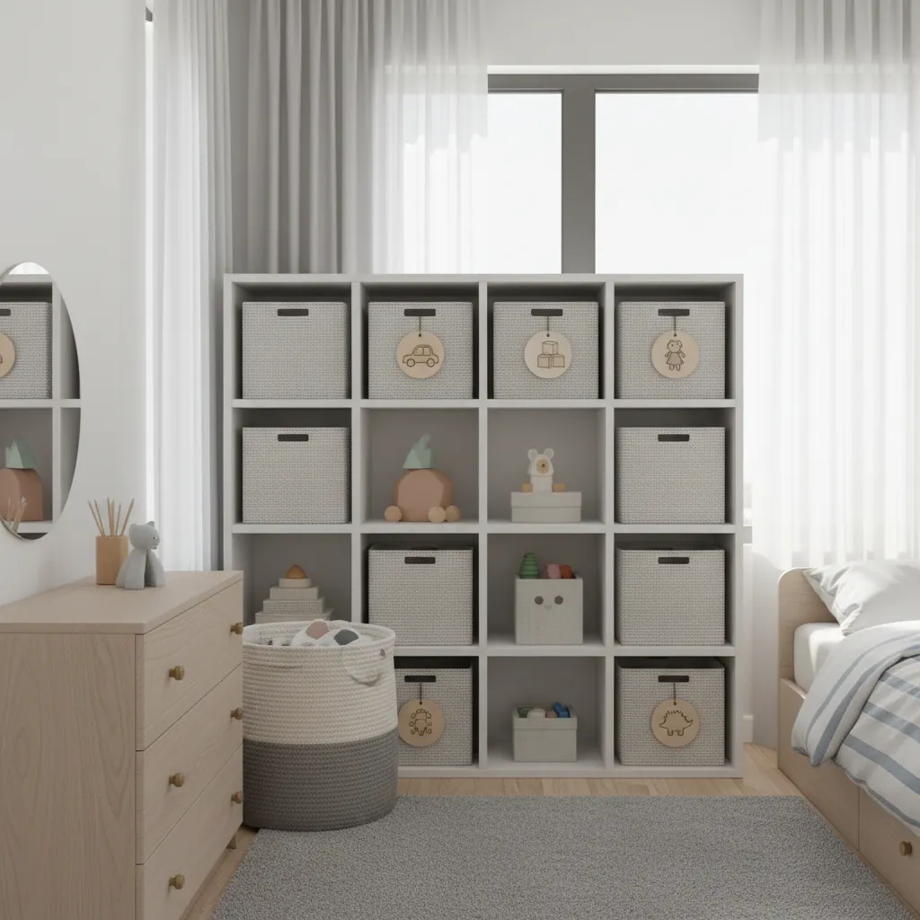 kids room using toy bin shelving and laundry basket together