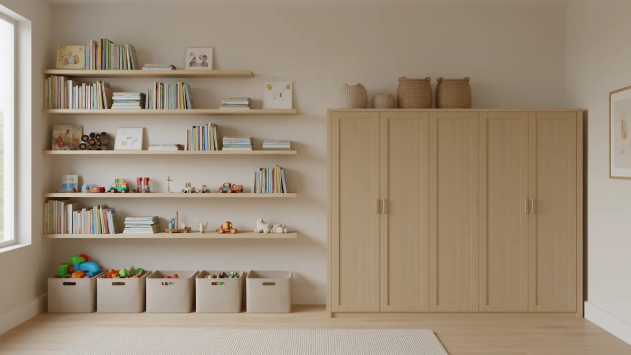Children's bedroom with layered storage including shelves bins and cabinets