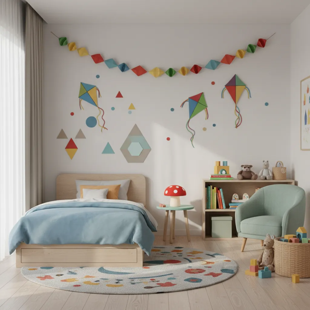 Kids bedroom wall decorated with lightweight paper art safely mounted