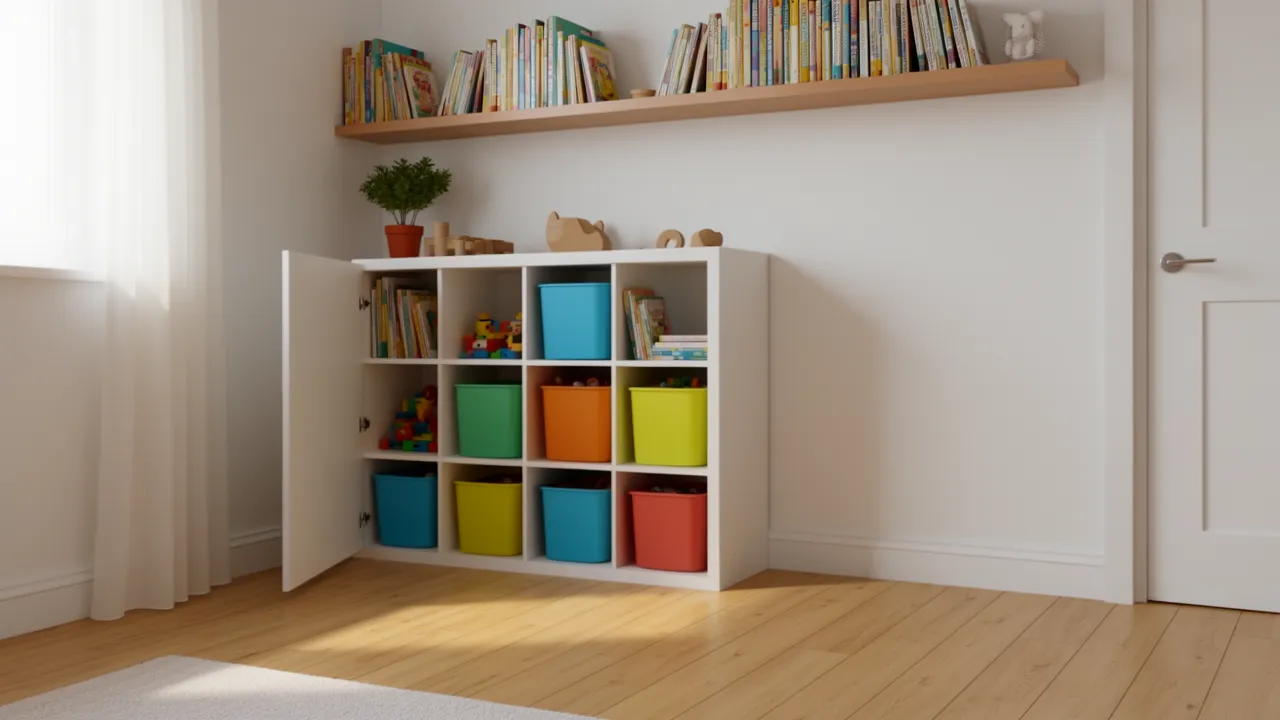 Kids bedroom with open toy shelves and storage bins