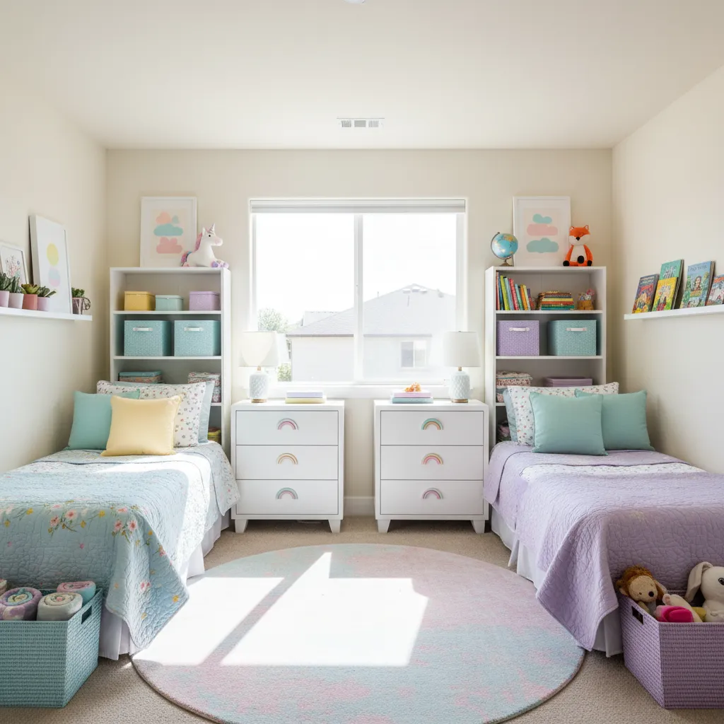 Shared girls room with individual shelves and personalized spaces