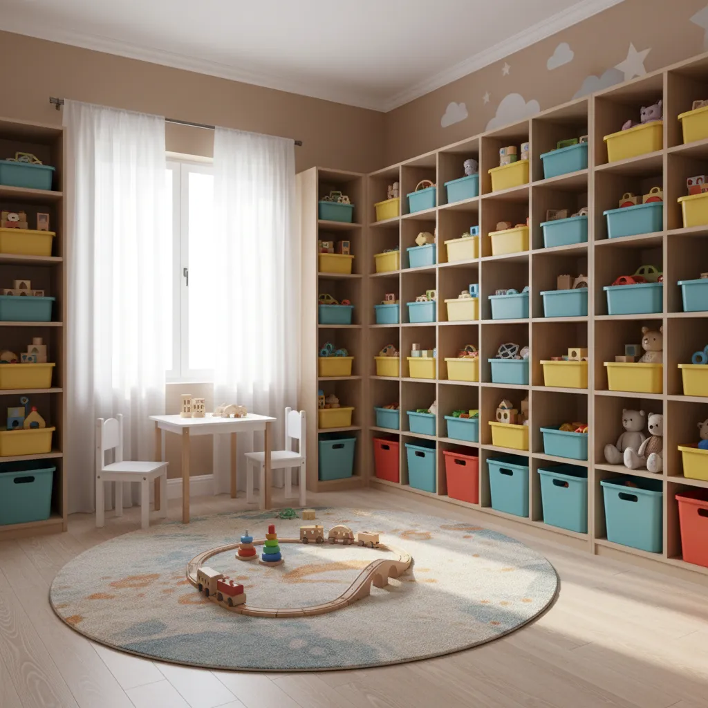 children play zone with toy bins and rug in grandchildren bedroom