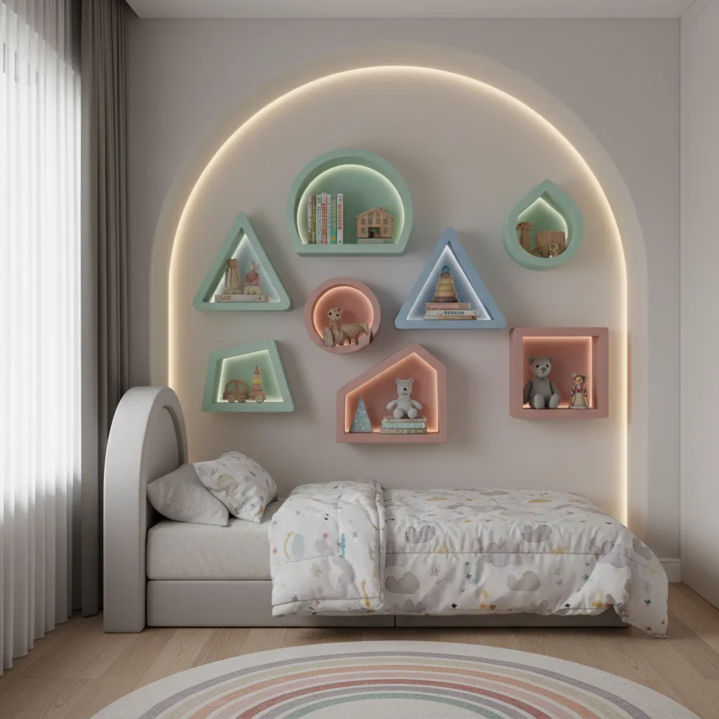 POP wall niches with shelves and lighting in a kids bedroom
