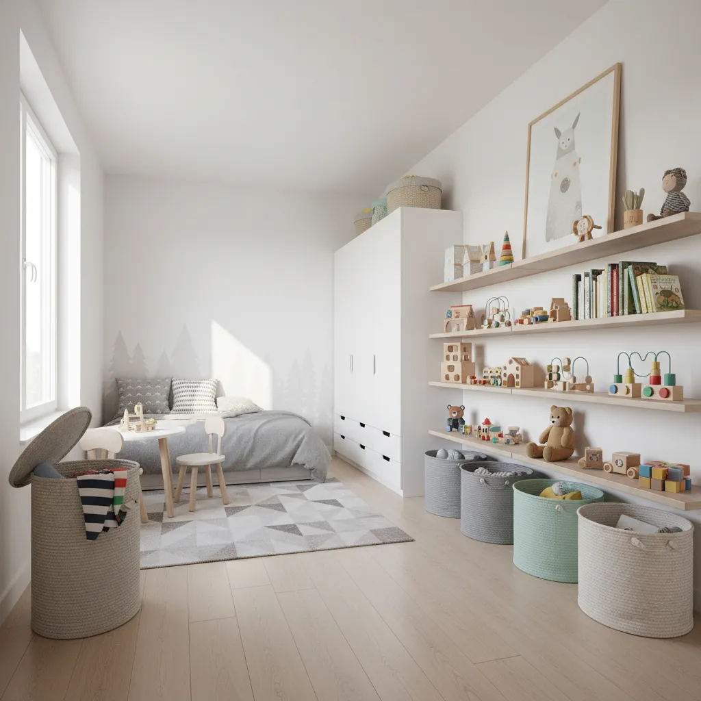 kids room with clear zones for toys clothes and laundry basket