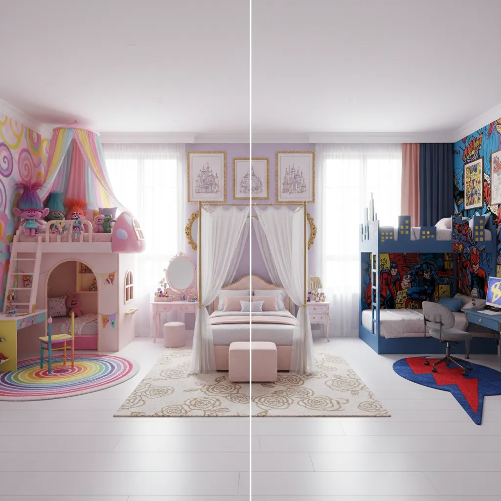 Comparison of colorful kids bedroom themes including Trolls princess and superhero styles