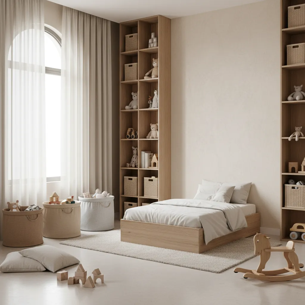 small kids room with vertical storage shelves and toy organization