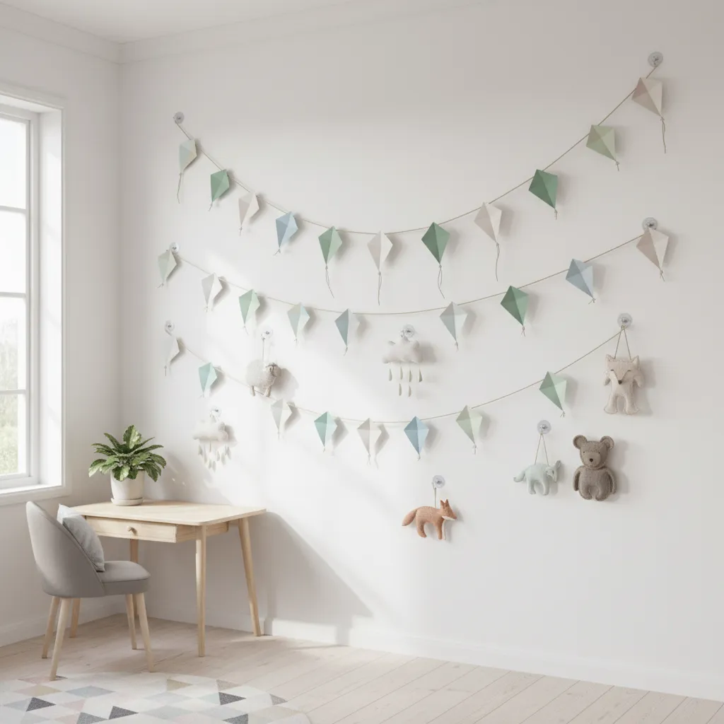 Kids room wall with mixed hanging decorations using hooks