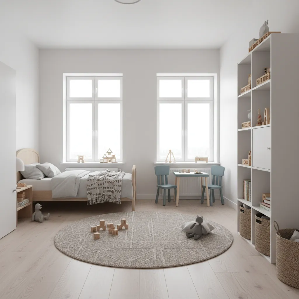 kids bedroom divided into sleep play and storage zones
