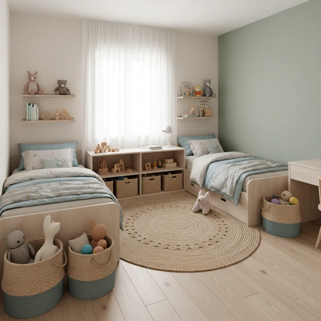 L shaped bed layout in shared kids bedroom