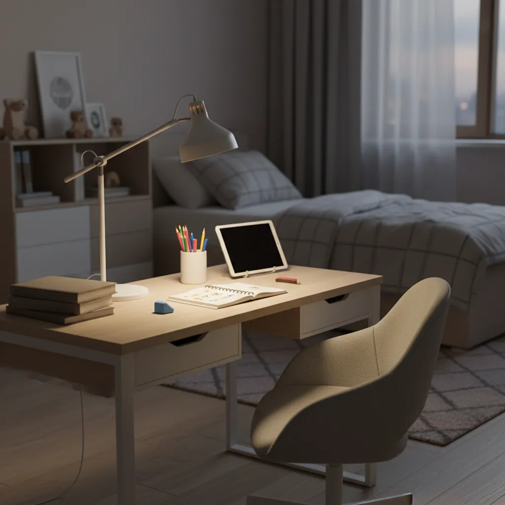 Kids study desk with adjustable task lamp providing focused lighting